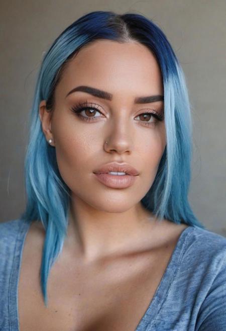 beautiful young woman portrait photo, blue hair, realistic very light freckles on face, light brown eyes, latina influencer, instagram model, very slightly rough skin, realistic portrait, realistic ambience light, light makeup, large breasts