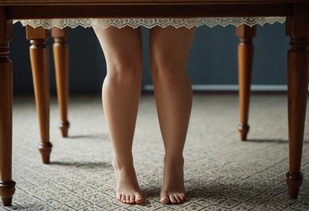 masterpiece, best quality, amazing quality, very aesthetic, absurdres, 8K, depth of field, focused subject, Legs, female, tall, crossed, under table, three-quarter view, isometric, vanishing point, knee up, lace boarder,