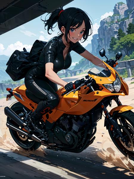 (anime,8k,masterpiece, top quality, best quality,beautiful and aesthetic:1.2,professional illustrasion:1.1,ultra detail:1.3,perfect lighting),extremely detailed,highest detailed,incredibly absurdres , highres, ultra detailed,intricate:1.6,BREAK
(the mountains), A (speeding), (((motorcycle:1.3))), high speed,(slow motion:1.3),(Motion blur:1.3),(speed lines:1.4),((sense of speed:1.6)),(hang on) ,BREAK
(1girl),(highly detailed beautiful face and eyes,firm breasts),oily skin,((black hair,short bob with short pony tail hair)),thin pubic hair,cute,lovely,light smile,bodysuit,whole body, character focus, front view, grin, smile,forward-bent posture