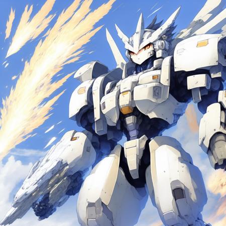 anime Mecha Battle, lasers, explosions, fire, destroyed structures, Mobile Suit Gundam Fighting (GundamFight style:1) <lora:djzGundamFight:0.8)