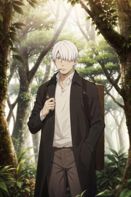 (masterpiece, top quality, best quality, official art, detailed:1.2),<lora:ginko-21:0.7>, ginko_soul3142, solo, looking at viewer, white hair, shirt, 1boy, holding, standing, white shirt, male focus, outdoors, open clothes, day, collared shirt, pants, backpack, hair over one eye, tree, coat, nature, forest, smoke, cigarette, black coat, smoking