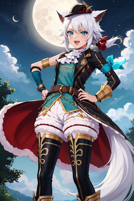 masterpiece, best quality,  <lora:yswhitecat-nvwls-v1-000008:0.9> ysWhiteCat, hat, cat ears, white ascot, black coat, blue shirt, armlet, black gloves, white shorts, fur trim, tail, thigh boots, standing, :D, fangs, furrowed brow, hands to hips, smile, happy, night sky, moon