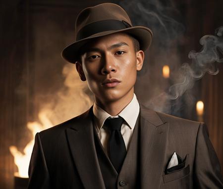 eplusn. <lora:eplusn:0.85>, Suave mobster. Dark, sharply tailored suit. Crisp white shirt. Tie that echoes power. Half-hidden face under a classic fedora hat. Piercing eyes that speak volumes. Vintage cigar in hand. Mysterious smoke. Dimly lit room reminiscent of an underground speakeasy. Rows of liquor bottles in the background. Rich wooden decor. Vintage feel. Palpable tension. Cool, unshakeable demeanor, (masterpiece:1. 0), (best quality:1. 3), (ultra highres:1. 2), (intricate details:1.3),1boy