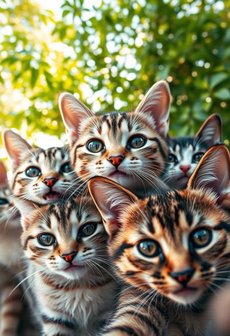 An award-winning close-up selfie of a group of cats capturing their expressive and playful faces in stunning detail. The shot includes multiple cats and kittens, each with unique expressions—one grinning widely, another with a curious tilt of the head or making a funny face. Their rich, textured fur and deep, soulful eyes are rendered with incredible clarity, highlighting their individual personalities. The lighting is natural and warm, enhancing the cats fur and creating a beautiful contrast against the lush, green foliage in the blurred background. The composition is perfect, with all faces in sharp focus, bringing out the heartwarming and endearing qualities of these intelligent creatures.