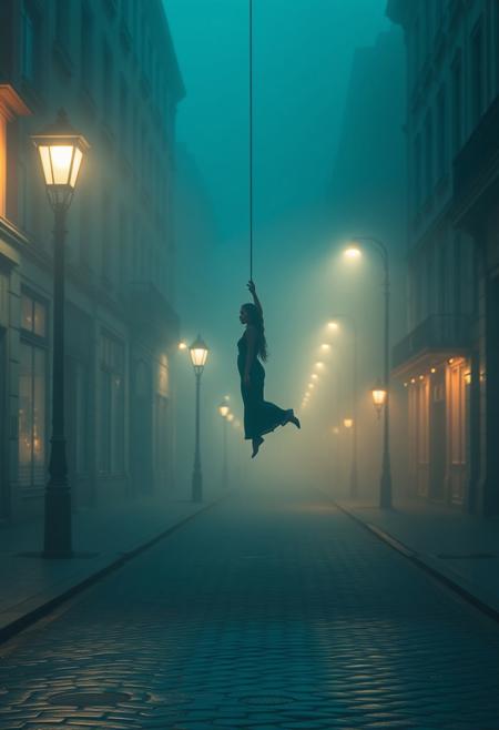Photograph with rich deep teal tones, gentle soft light, elongated form suspended ethereally, geometric logo design with clean lines and balance, lone figure in misty city street, dim streetlights, foggy atmosphere, wet cobblestones, diffused shadows, subtle illumination, luxurious and vibrant.