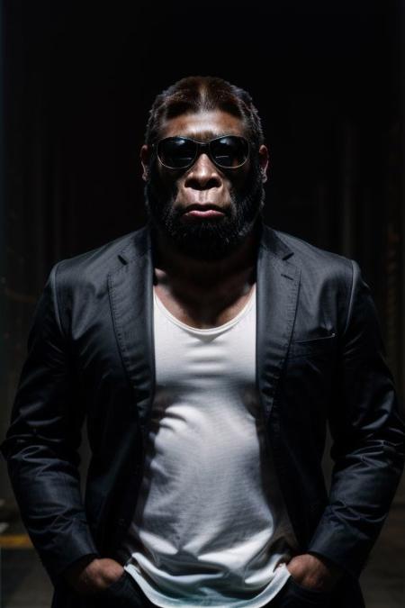 (analog photo) of a (fit male gangster gorilla) wearing a black buisness suit with a white shirt and black tie and wearing black Rayban style sunglasses, serious face,  (hands in pockets, confident posture,) masterpiece, Fine art photography, award winning photography