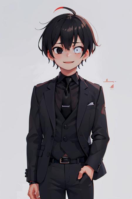 (masterpiece, best quality:1.2), solo, male focus, 1boy, justtnp, smile, looking at viewer, heterochromia, formal, black jacket, black necktie, black pants <lora:oc_justtnp:0.9>