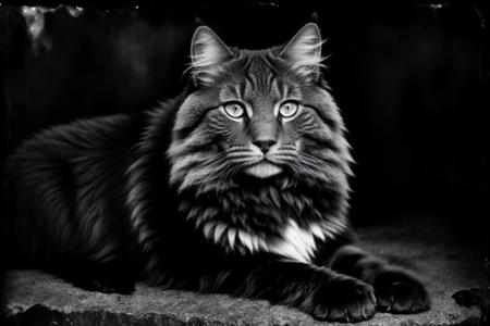 RAW photo, a Norwegian Forest cat, by Collodion_Photo  <lora:Collodion_Photo_S:0.9>, (high detailed texture:1.2), 8k uhd, dslr, cinematic lighting, hasselblad, black and white