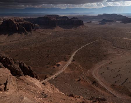 rainy desert, landscape, view from high height, 18 mm lens, f/2, sharp focus, great image detail, cinematic lighting, ray tracing, ssao, HDR,