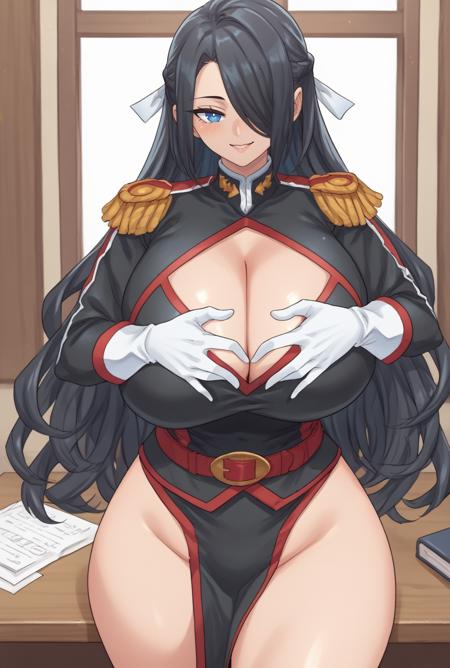 FubukiAzuma, long hair, black hair, hair over one eye, blue eyes, black dress, military uniform,red trim, double-breasted, cleavage cutout, red belt, pelvic curtain, epaulettes, long sleeves, white gloves, elbow gloves, hair ribbon, white ribbon thigh boots, black legwear