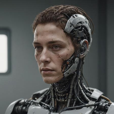 (masterpiece), (very detailed), (8k), (raytracing), a portrait of a detailed humanoid android robot, her very rusty components can be seen from the side of his head, his loos is lost in front, his face is only covered by a portion of human skin that making his eyes and nose and mouth become realistic, (((very damaged and abandoned, cables disconected, broken parts on his neck, artificial brain can be seen on the back, ttransparent and switched off)))