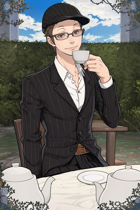 masterpiece, best quality, solo, 1boy, smile, looking at viewer, <lora:Joe_Fp:1>, joedesu2, suit, collared shirt, pinstripe pattern, glasses, hat, pants, <lora:Teatime-concept_Fp:0.8>, cup, table, food, teapot, outdoors, sitting