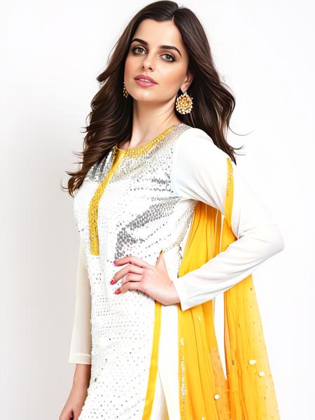 highres photo of 25 year old beautiful desilatte woman, (plain white background: 1.6), sequinned yellow ethnic Punjabi Suit, fashion photography, dynamic pose, facing viewer,  <lora:Desi_Coffee_V30_SDXL_LoRA:1>