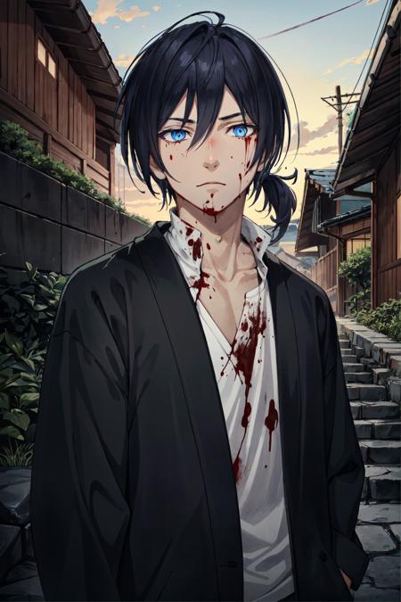 yato, 1boy, male focus, japanese clothes, short ponytail, blood on clothes, solo, detailed face, looking at viewer, cowboy shot, upper body, forest, stone walkway, shrine, blood, (masterpiece:1.2, best quality)