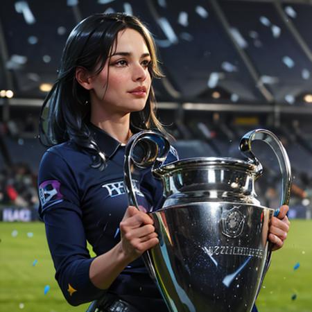 <lora:championsleague:0.75>, a woman is holding a handled trophy with black and blue ribbons in her hands on a field of grass with a crowd watching from the stands, (blue confetti:1.3)