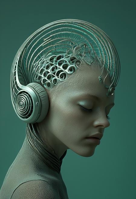 This image is a highly detailed, digital artwork in a surreal, futuristic style. The subject is a humanoid figure with an androgynous appearance, depicted in an ethereal, almost otherworldly manner. The figure has a smooth, pale skin and a slender, elongated body with a pronounced, high forehead and closed, serene eyes. The skin has a subtle, iridescent sheen, giving it an almost luminescent quality.
The figure's head is adorned with futuristic, large, spiral-shaped headphones that are integrated seamlessly into the body, blending with the skin texture. The headphones spiral around the head, with the largest spiral positioned behind the ear, suggesting a high-tech, cybernetic element. 
A delicate, pale pink flower is situated on the right side of the head, adding a soft, natural element to the otherwise high-tech aesthetic. The figure's hair, or perhaps an extension of the headphones, is a flowing, ethereal substance that appears to be a blend of organic and mechanical textures, transitioning from a delicate, flower-like structure at the head to a more fluid, ribbon-like form that extends down the back.
The background is a gradient of soft, muted teal shades, enhancing the otherworldly, futuristic atmosphere.