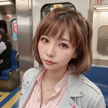 A realistic image of a mio sitting on a New York subway at nighttime in the 1980s, taking a selfie. She has shoulder-length, light brown hair styled in a neat and slightly retro fashion. She is wearing light makeup with pink eyeliner and is dressed in attire suitable for working at a restaurant, including a neat blouse and a casual jacket. Her facial expression shows a blend of excitement and focus. The background features a typical 1980s New York subway setting, with graffiti on the walls, worn seats, and a slightly gritty atmosphere. Two police officers are standing nearby, one leaning against the subway door and the other standing near a pole. The scene is darker, with dim lighting that captures the nighttime ambiance. The lighting and color tones emulate the style of photos taken with a Nikon FA camera, giving the image a nostalgic and authentic 1980s feel, (chromatic abberation, film grain:0.5), (looking at viewer), blurry background,(35mm, F/2.8) Photo Focus, DOF, Aperture, insanely detailed and intricate, character, hypermaximalist, hyper realistic, super detailed, diffused light:0.3, <lora:mio:0.7>