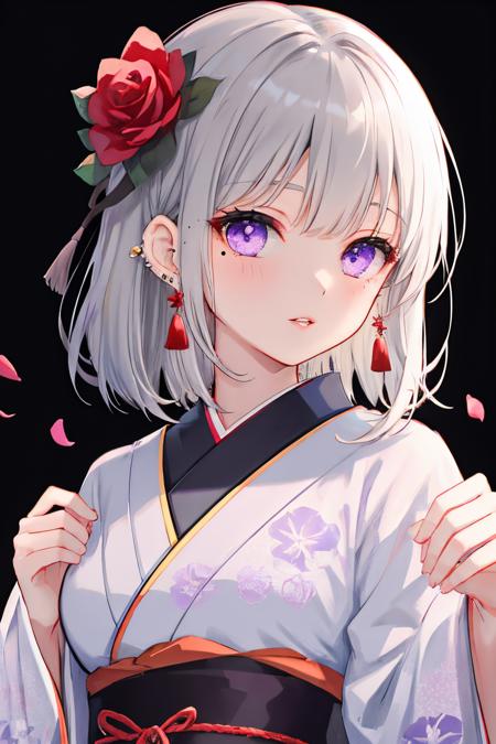 1girl,black flower,jewelry,solo,hair ornament,kimono,black rose,earrings,japanese clothes,bangs,hair flower,flower,looking at viewer,upper body,sash,blunt bangs,simple background,obi,pink eyes,long sleeves,medium hair,parted lips,white hair,breasts,wide sleeves,floral print,bow,piercing,tassel,grey background,rose,ribbon,grey hair,bowtie,mole,ear piercing,purple eyes,cross earrings,((portrait)),