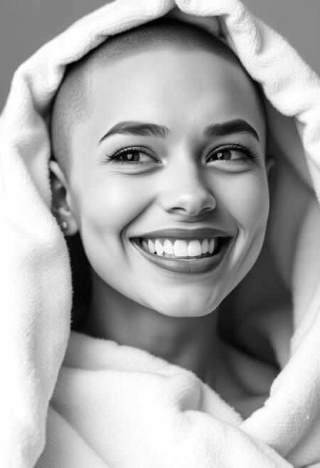 The black-and-white image features a close-up portrait of a woman with a shaved head, giving her a bold and striking look. She is partially wrapped in a soft, white blanket, which frames her face and adds a sense of warmth and comfort to the composition. Her expression is joyful and relaxed, with a broad smile that reveals her teeth, and her eyes are lively, looking off to the side with a hint of playful energy.
The soft lighting and lack of color focus attention on the contrast between her smooth skin, the texture of the blanket, and the fine details of her facial features. The monochromatic palette enhances the image’s simplicity and elegance, creating a sense of intimacy and authenticity. The overall feel of the photograph is one of natural beauty and effortless confidence.