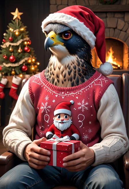 ChristmasSweater, Anthropomorphic, cinematic setting, 1 one Anthropomorphic Peregrine Falcon, hybrid animal, a Humanoid Peregrine Falcon hybrid with ((the head of a Peregrine Falcon)) and a human body, ((very tall slender fit tight human body)), megafeatherypony, feathers, feathery, falcon, anthro, an enlightened birdman, werefalcon, ((wearing knit sweeter with the image of Santa Claus made from soft red and white wool, with a fluffy felt beard stitched in swirls of white thread. His rosy felt cheeks are adorned with tiny pink stitches, and his glowing black button eyes twinkle with hope.)) cowboy shot, sitting in a chair a present in his hands and a Christmas three in the background