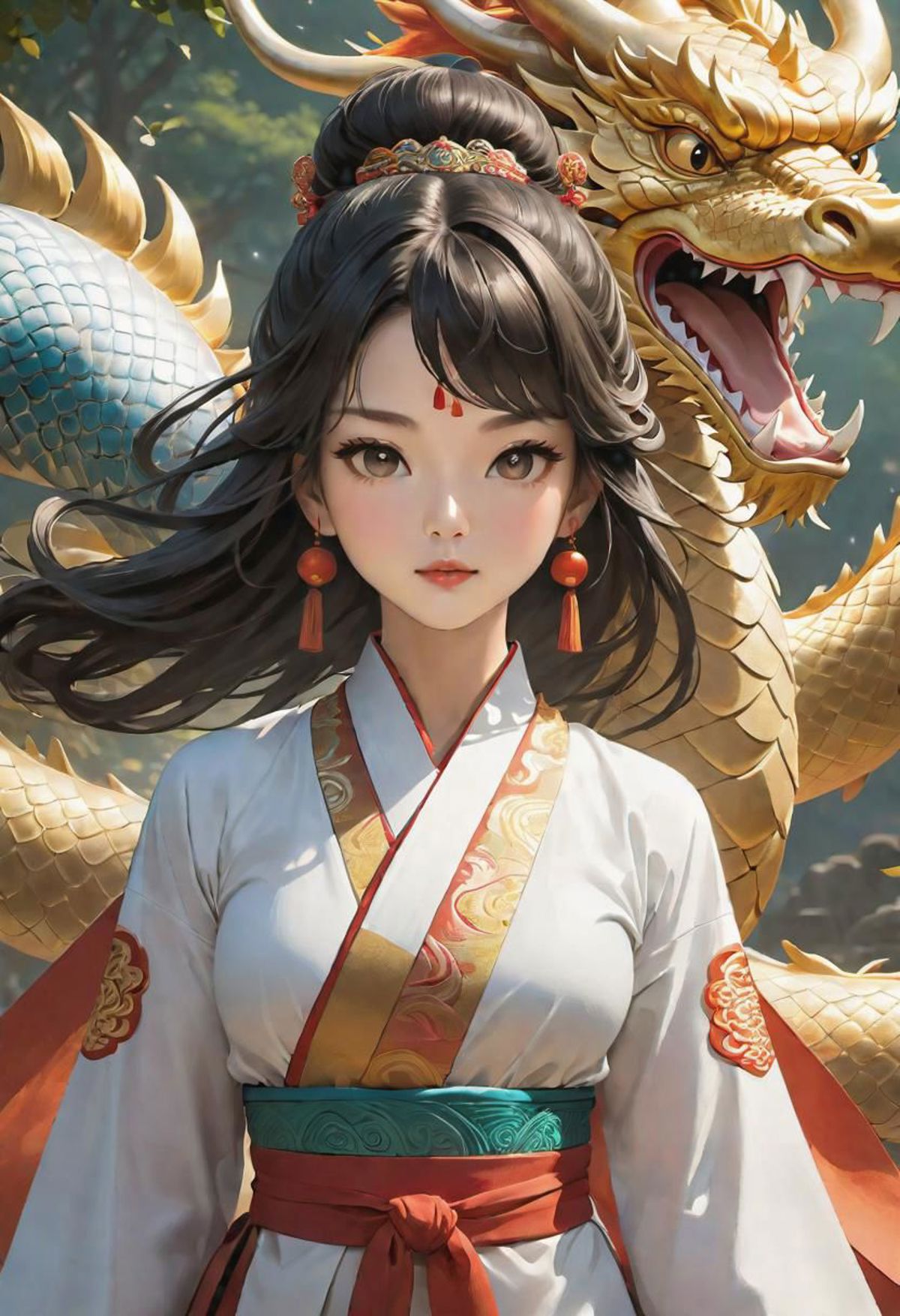 Anime girl with red hair and red earrings standing next to a dragon.