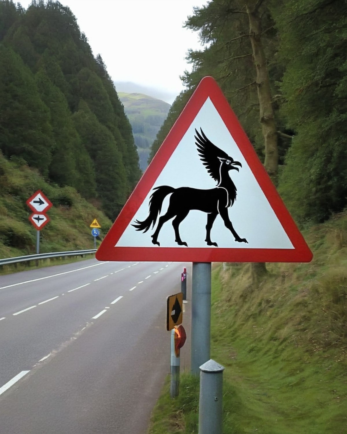 a photo of a road sign , Hippogriff Crossing:1.2, a fantastical sign showing a majestic hippogriff crossing the road, addi...