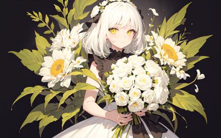 (best quality, masterpiece), (1girl, solo, black dress, standing , looking at viewer, white hair, yellow eyes, closed mouth, upper body), (Monochrome, giant bouquet background, floral_background)