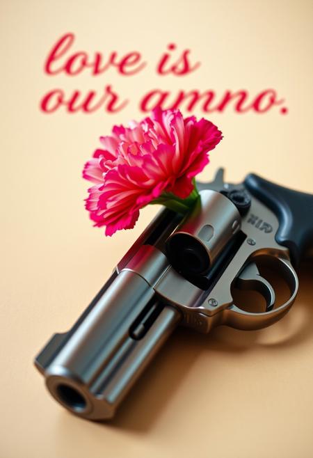 carnation, a revolver laid on the table with a single vividly colorful flower in its barrel, extreme close up, fashion photography, billboard, with a flowery text that reads "love is our ammo"