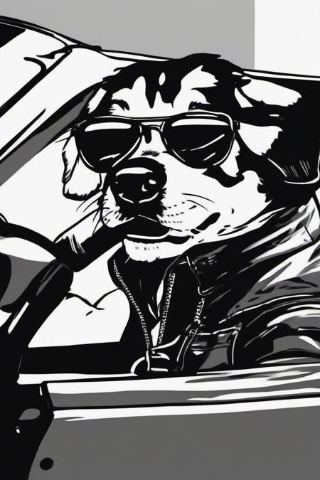 <lora:PE_HighContrastStyleV1:0.8> PEHighContrast,Simple Background, high Contrast, Illustration,Black and White,
Dog wearing sunglasses and leather jacket,driving a car