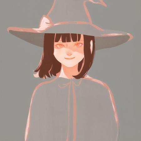 <lora:aka_outwork:1.0>, (aka_outwork:1.0), painting, drawing, paper texture, halftone background, 1girl, adjusting clothes, adjusting hat, bangs, blunt bangs, blush, bow, brown hair, character name, grey eyes, hat, large bow, payot, shadow, smile, solo, upper body, witch hat