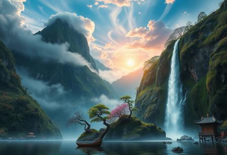 there is a tall waterfall, majestic water fall, the water fall is coming out of a mountain, Chinese mountains, there is moss growing on the mountains, small bonsai trees on the mountain, water mist, sun in the sky, sun behind clouds, water basin at base of cliff, small hut at base of cliff, small hut next to water fall, fishing rack, fishing polls, basket, fishing spot on shore, shore,  clouds, swirling, vivid colours, blue, orange, pink, sky, ancient, overgrown, landscapes, intricate details, background colourful, cloud streams, dynamic, vibrant colours, high quality, detailed, realistic, beautiful, extreme detail, hyper realistic, dynamic light, expressive, digital media (artwork), hi res, masterpiece, RAW, photo, 8k, very sharp, very detailed, realistic, real, cinematic view, shaded, detailed shading, shading,