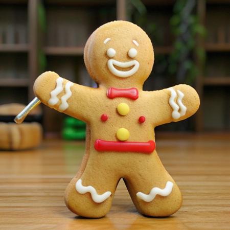 Gingerbread_Man, food, cookie, food focus, no humans, depth of field, moody ambience, spotlight, 
battōjutsuswing, (holding weapen:1.3),fighting stance