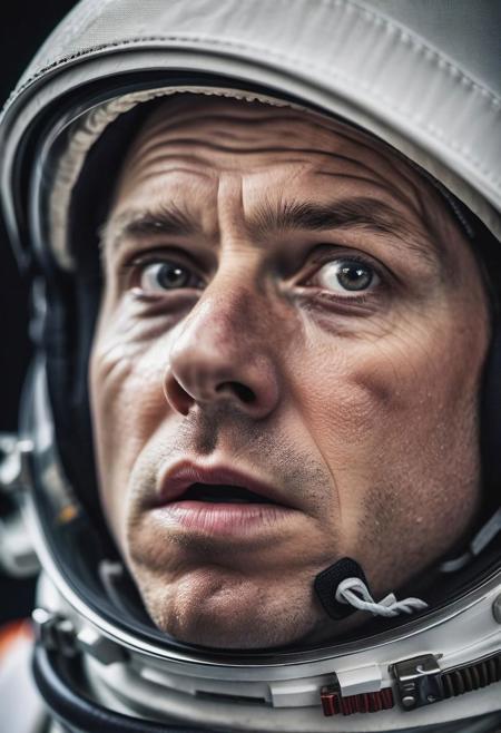 A close up from an Russian astronaut in blind panic, shocked, terror, sharp eyes, serious, glowing hand, surreal, upper body, dynamic pose, silver white theme, ultra highres, sharpness texture, High detail RAW Photo, detailed face, shallow depth of field, sharp eyes,  (realistic skin texture:1.2), (freckles, moles:0.6), dslr, film grain