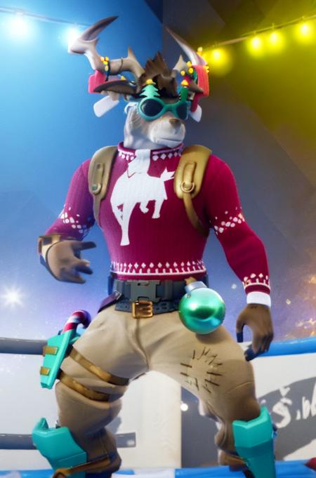 A high quality unreal engine render of a close up portrait of anthro reindeer Fortnite_Dolph, novelty glasses, Christmas Sweater, Belt, Christmas Stocking, Christmas Lights, Candycane, Pistol Holster, Christmas Ball Ornament, Khaki Pants, Shin Guards, Boots, three fingered hands, (interior, wrestling ring), (posing in a wrestling ring), (detailed fur:1.2), CG, Octane Render, 8k uhd, soft lighting, high quality, ambient occlusion, <lora:Fortnite_Dolph_v3.3:1>