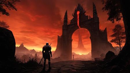 Elder Scrolls Oblivion. A warrior in ancient, gleaming armor stands before a massive Oblivion gate, its fiery red glow spilling into the surrounding forest. Otherworldly creatures begin to emerge from the gate, their silhouettes distorted by heat waves. The distant Imperial City looms under a blood-red sky, shrouded in dread.