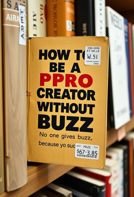 an old book a self-help book with the title in the cover "HOW TO BE A PRO CREATOR WITHOUT BUZZ" and the subtitle "No one gives you buzz, because you suck" with a sticker of low price   in a shelves of an old book store