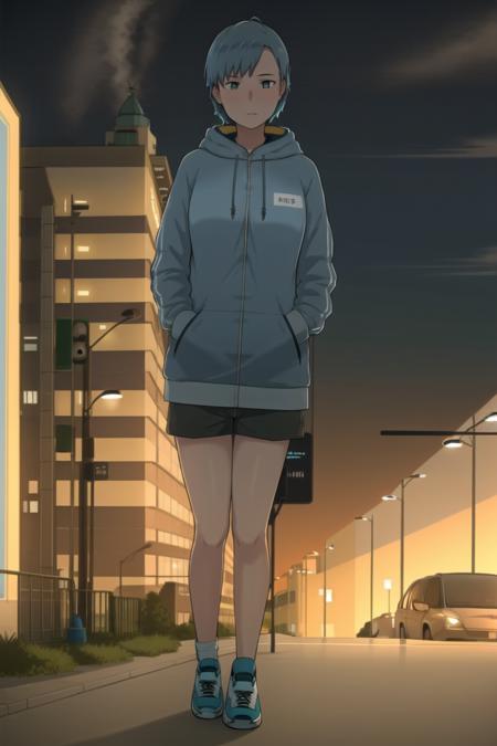 <lora:NTRman:.8>, NTRman, masterpiece, best quality, 1girl, animal, blue hair, brown jacket, building, cat, city, city lights, grey hoodie, headphones, holding, holding phone, hologram, holographic touchscreen, hood, hoodie, jacket, neon lights, neon trim, night, night sky, outdoors, phone, road, scenery, science fiction, short hair, shorts, sign, sky, solo, street, walking