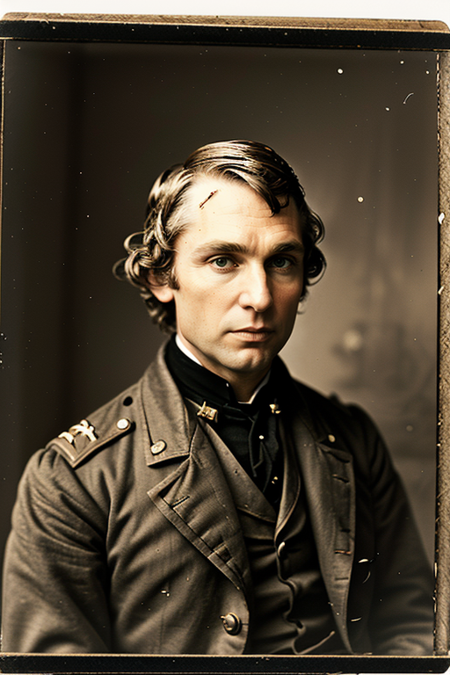 JoshuaChamberlain, ((1880s photograph, upper body, portrait, Victorian menswear, in an opulent Victorian parlor)), large-format wooden box camera, 300mm f/11, 1/5s, ISO 20, ((sepia-toned))