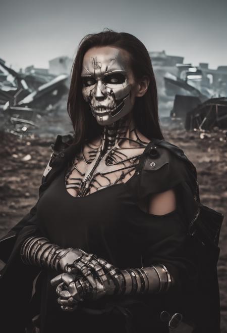 a beautiful woman terminator, skeletal, hands crossed in front, soft lighting, chrome metal, ragged clothing, portrait, an indistinct apocalyptic landscape behind, upscaled, retouched, high quality photo,<hypernet:terminatorSD512:0.4>