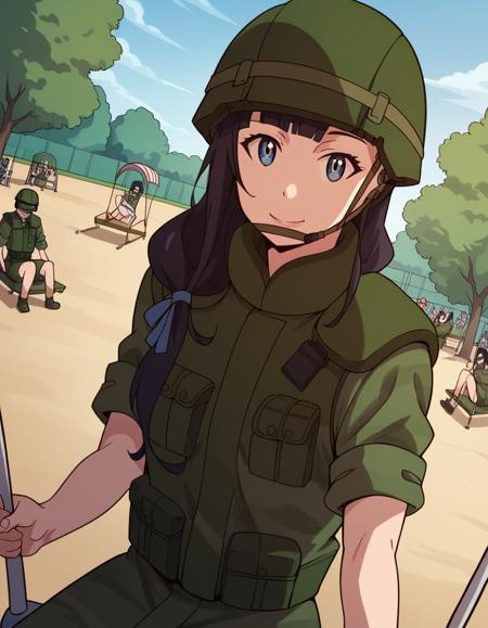 mari kurokawa, long hair, bangs, blue eyes, black hair, ribbon, hair ribbon, blue ribbon, hair over shoulder, medium breasts, shirt, bare shoulders, collarbone, black shirt, strapless, pants, denim, uniform, military, military uniform, helmet, sleeves rolled up, headset,