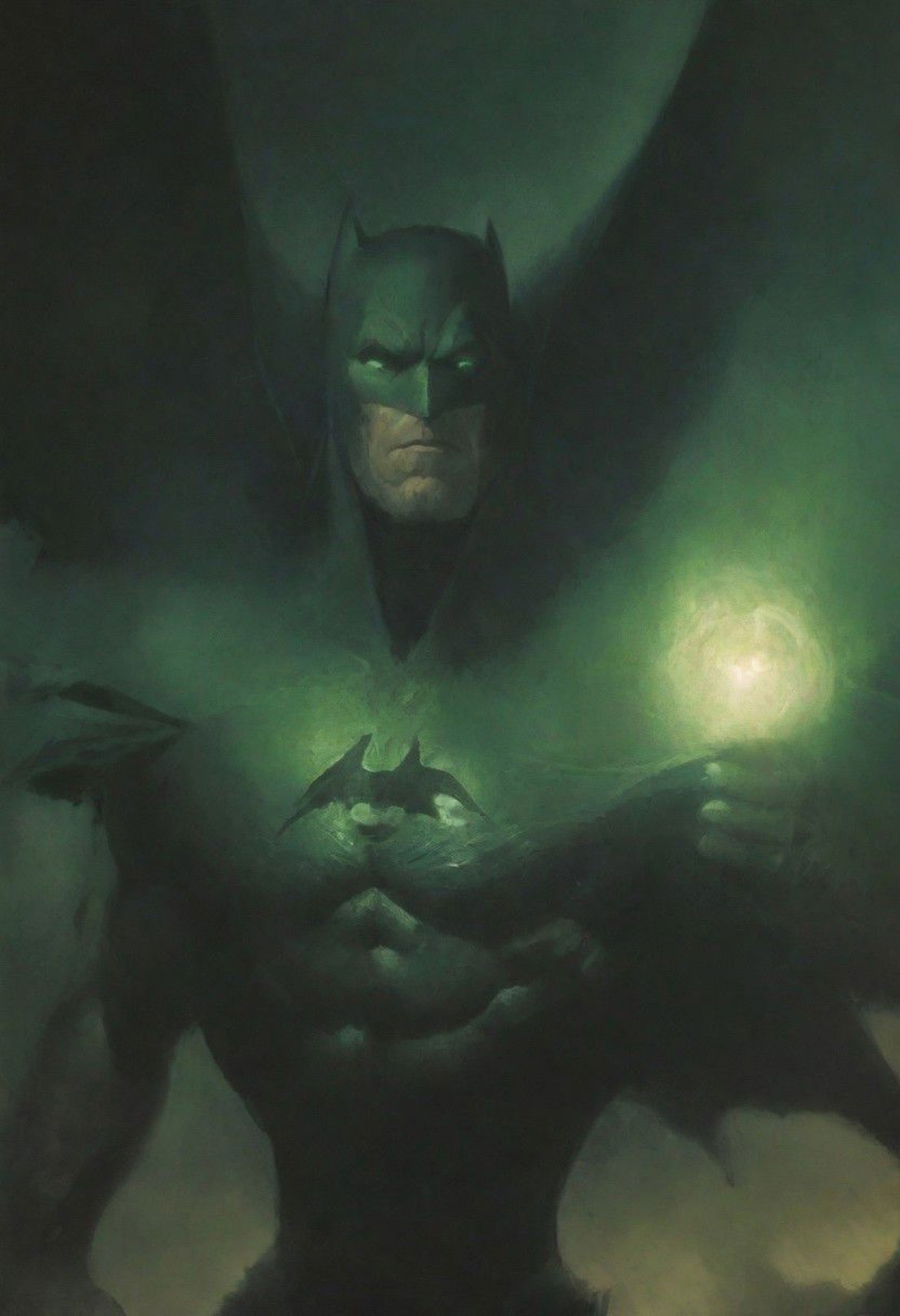 green batman, green lantern, glowing eyes, by Frank Frazetta