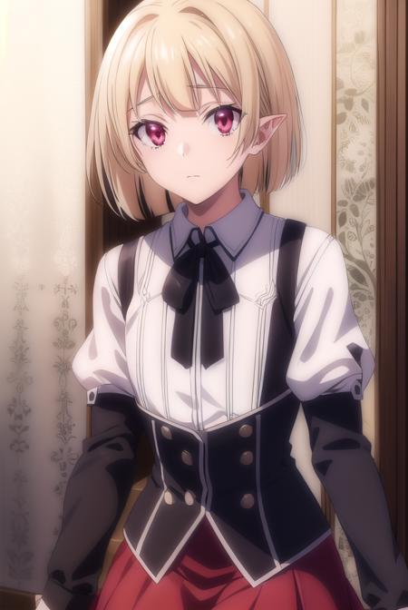 gaspervladi, <lora:gasper vladi anime s2-lora-nochekaiser:1>,
gasper vladi, short hair, blonde hair, (red eyes:1.3), pointy ears,
BREAK shirt, ribbon, school uniform, white shirt, black ribbon, neck ribbon, long sleeves, skirt, red skirt, puffy sleeves,
BREAK indoors, classroom,
BREAK looking at viewer, (cowboy shot:1.5),
BREAK <lyco:GoodHands-beta2:1>, (masterpiece:1.2), best quality, high resolution, unity 8k wallpaper, (illustration:0.8), (beautiful detailed eyes:1.6), extremely detailed face, perfect lighting, extremely detailed CG, (perfect hands, perfect anatomy),