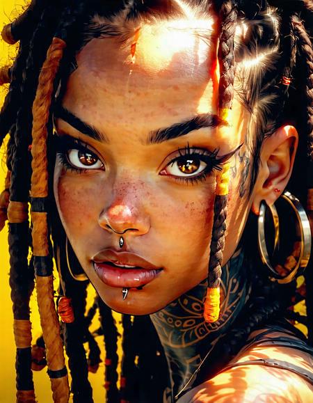 Cyberpunk manga-style 3D drawing, close-up portrait of a girl with messy brown dreadlocks, sun-kissed skin, henna mandala tattoos, piercing, expressive eyes, furtive gaze, bowed head, round earrings, warm colors, hyperrealistic