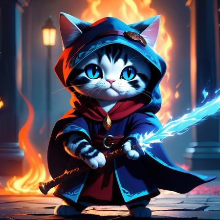 (masterpiece:1.4, best quality),guoman, cute style, exaggerated painting, A cute cat mage, glowing fire sword, staff, dramatic lighting, dynamic pose, dynamic camera,masterpiece, best quality, dark shadows, ((dark fantasy)), detailed, realistic, 8k uhd, high quality