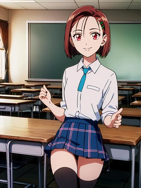 (exceptional, best aesthetic, new, newest, best quality, masterpiece, extremely detailed), 1girl, solo, miyazawayukino, looking_at_viewer, smile, classroom, school_uniform, blue_skirt, black_thighhighs, green_hairclip,