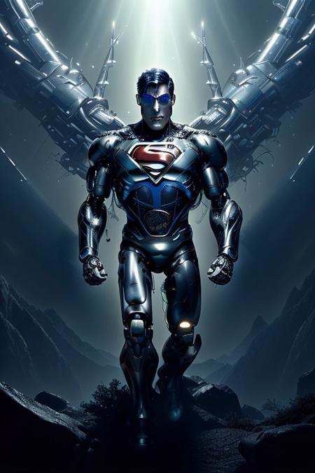 cinematic film still silverpulse, cyborg Superman, Kal-el, 'S' Logo on chest, red cape, simple background, high quality, artistic, vibrant colors, detailed textures. futuristic sleek/glossy silver and blue glow, vibrant colors, detailed textures., Concept art, cyborg, background, vintage, modern, SilverPulse, superman_oc, <lora:SilverPulseMorphXL:0.8>, excellent composition, artistic, highly detail, holy, sunny, dynamic dramatic beautiful full taking . shallow depth of field, vignette, highly detailed, high budget, bokeh, cinemascope, moody, epic, gorgeous, film grain, grainy, front view,