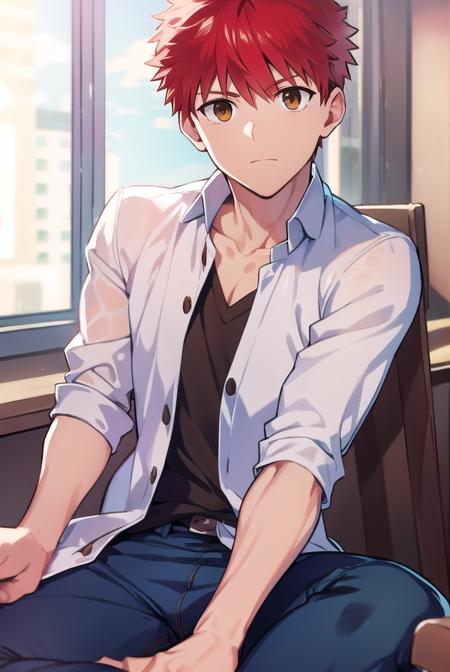 shirouemiya, <lora:shirouemiyatest:1>, 
shirou emiya, 1boy, (red hair:1.5), spiked hair, (brown eyes:1.5), mature male,
BREAK blue pants, collarbone, pants, shirt, long sleeves, white shirt,
BREAK looking at viewer,
BREAK indoors, classroom,
BREAK <lora:GoodHands-vanilla:1>, (masterpiece:1.2), best quality, high resolution, unity 8k wallpaper, (illustration:0.8), (beautiful detailed eyes:1.6), extremely detailed face, perfect lighting, extremely detailed CG, (perfect hands, perfect anatomy),