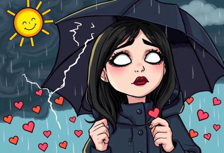 cartoon style, a 18 years old woman goth makeup sad with a raincoat and a black umbrella a black storm with thunder insisde the umbrella a sunny day with a sun with a smile and many small red hearth shaped candies falling from sky