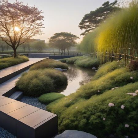 <lora:JJsEcology_Park_XL:1> , ((Ecology Park)),masterpiece , best quality, Landscape, scenery, outdoors, building, tree, sky, real world location, grass, bush, flower, city, water, lawn, sidewalk, ivy, bench,sakura, dawn, rain,pond,day, column, beam, RAW photo, subject, 8k uhd, dslr, soft lighting, high quality, film grain, Fujifilm XT3, aquatic plants, wood hand rail, soil, wild grass,  river, rock,pebble, dramatic lighting,
