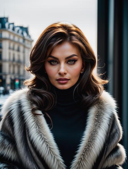 beautiful woman (s0ph1al0ren:.99), beautiful hair, winter Paris, elegant, snowing, natural skin texture, (fashionable fur coat), (((black turtleneck))), sunset, cute smile, 24mm, 4k textures, soft cinematic light, adobe lightroom, photolab, hdr, intricate, elegant, highly detailed, sharp focus, ((((cinematic look)))), soothing tones, insane details, intricate details, hyperdetailed, low contrast, soft cinematic light, exposure blend, hdr, faded, <lora:more_details:.6>, <lora:wowifierV3:.6>